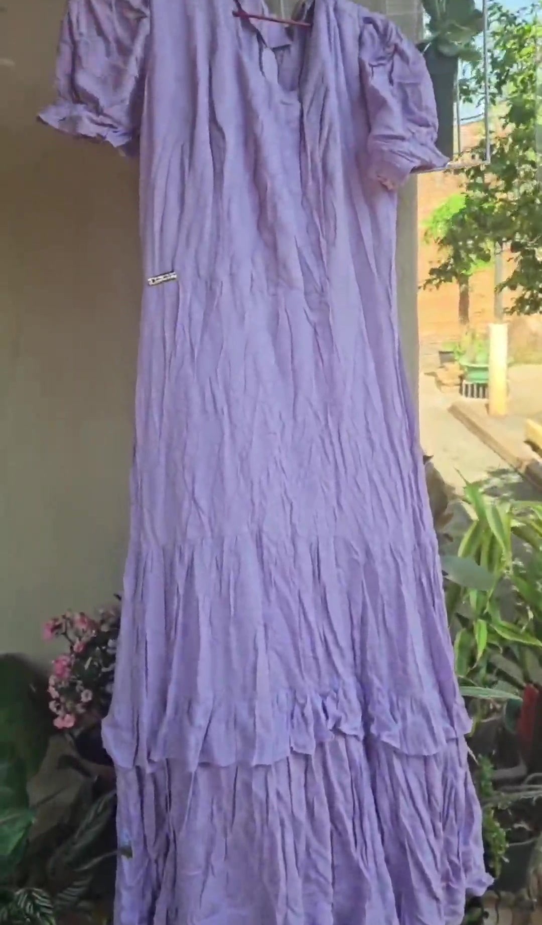Vestido Longo Lilás Texturizado Manga Bufante